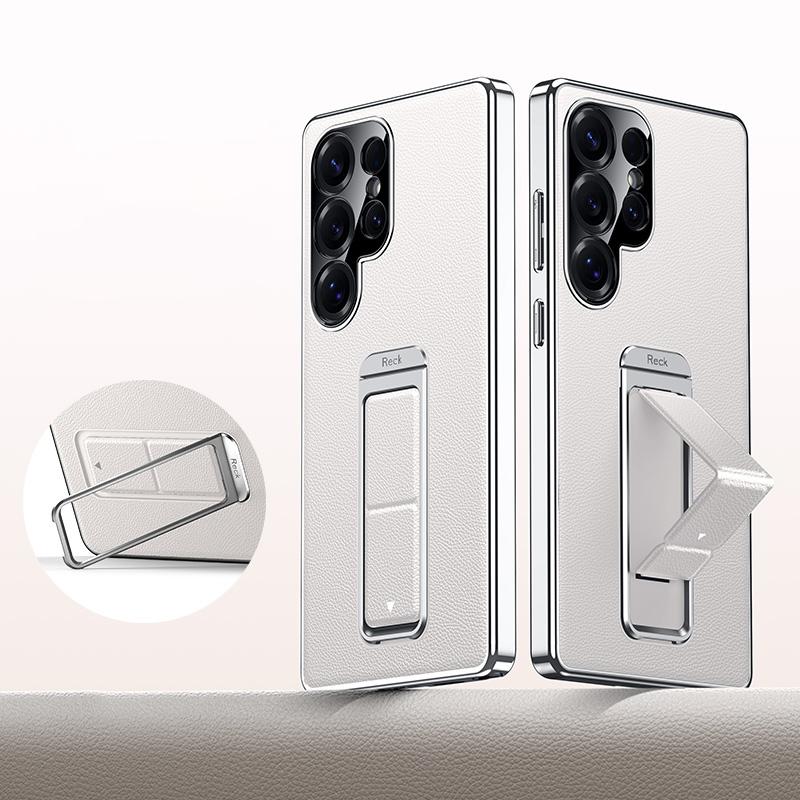 For Galaxy S25 Ultra 5G Metal Holder Foldable Wristband Precise Cutout Vegan Leather Phone Case - White - EDA009680903D