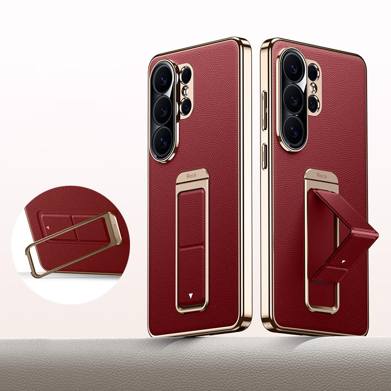 For Galaxy S26 Ultra 5G Metal Holder Foldable Wristband Precise Cutout Vegan Leather Phone Case - Red - EDA009680904B