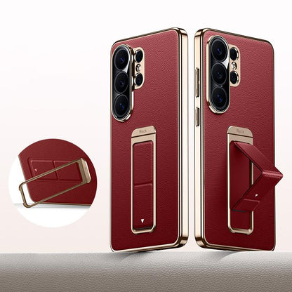 For Galaxy S26 Ultra 5G Metal Holder Foldable Wristband Precise Cutout Vegan Leather Phone Case - Red - EDA009680904B