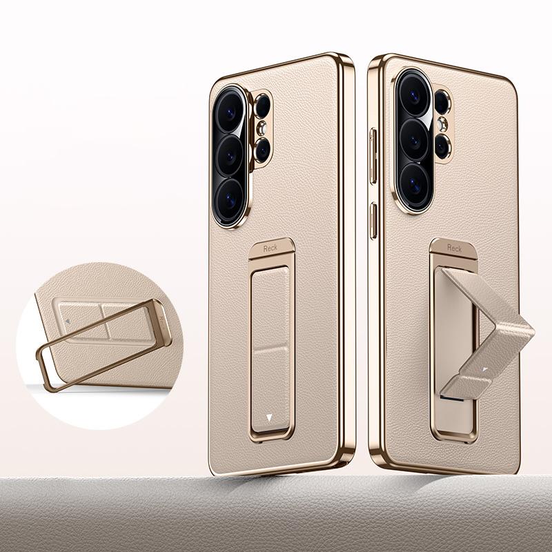For Galaxy S26 Ultra 5G Metal Holder Foldable Wristband Precise Cutout Vegan Leather Phone Case - Titanium Gold - EDA009680904C