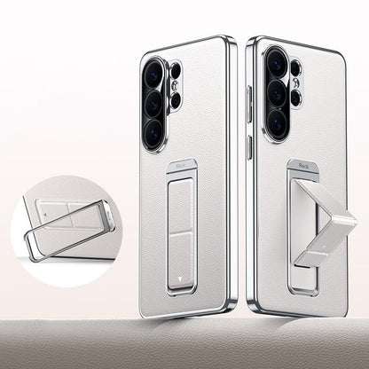 For Galaxy S26 Ultra 5G Metal Holder Foldable Wristband Precise Cutout Vegan Leather Phone Case - White - EDA009680904D