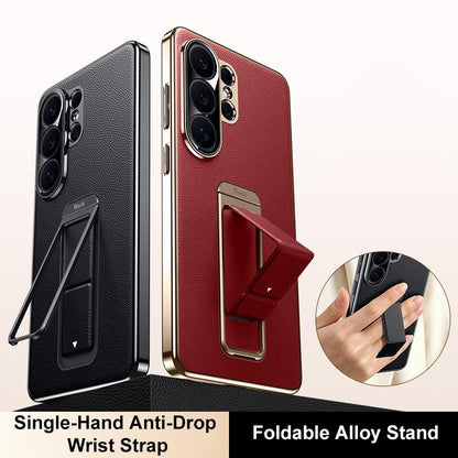 For Galaxy S24 Ultra 5G Metal Holder Foldable Wristband Precise Cutout Vegan Leather Phone Case - White - EDA009680902D