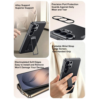 For Galaxy S26 Ultra 5G Metal Holder Foldable Wristband Precise Cutout Vegan Leather Phone Case - Black - EDA009680904A