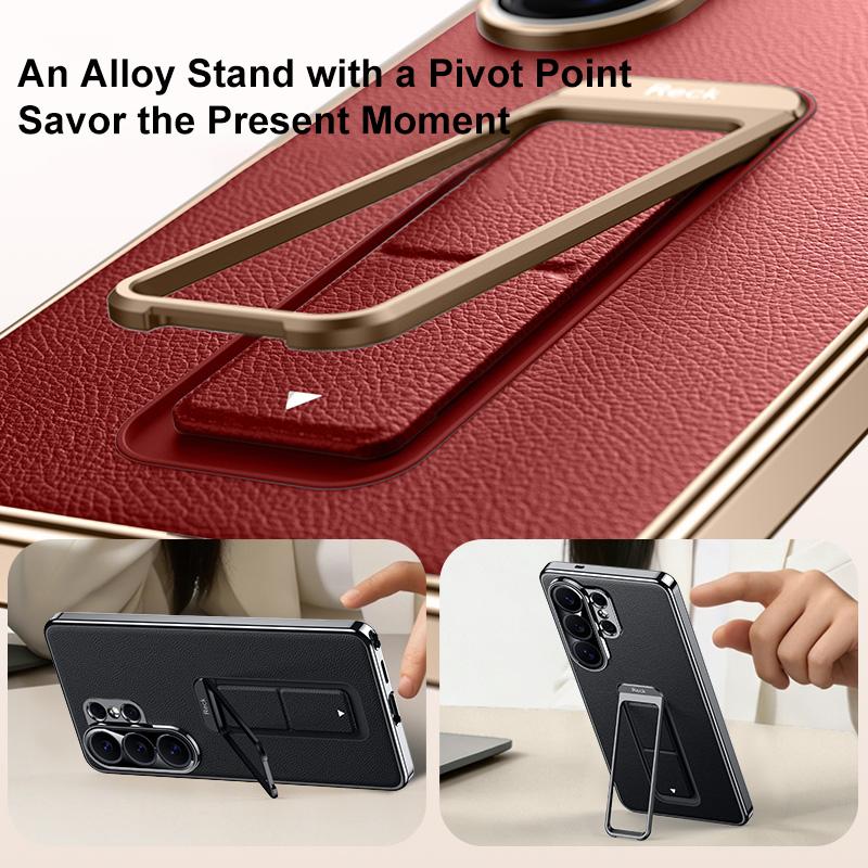 For Galaxy S26 Ultra 5G Metal Holder Foldable Wristband Precise Cutout Vegan Leather Phone Case - Black - EDA009680904A