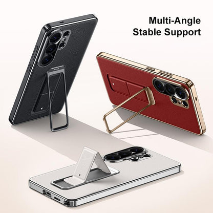 For Galaxy S26 Ultra 5G Metal Holder Foldable Wristband Precise Cutout Vegan Leather Phone Case - Black - EDA009680904A