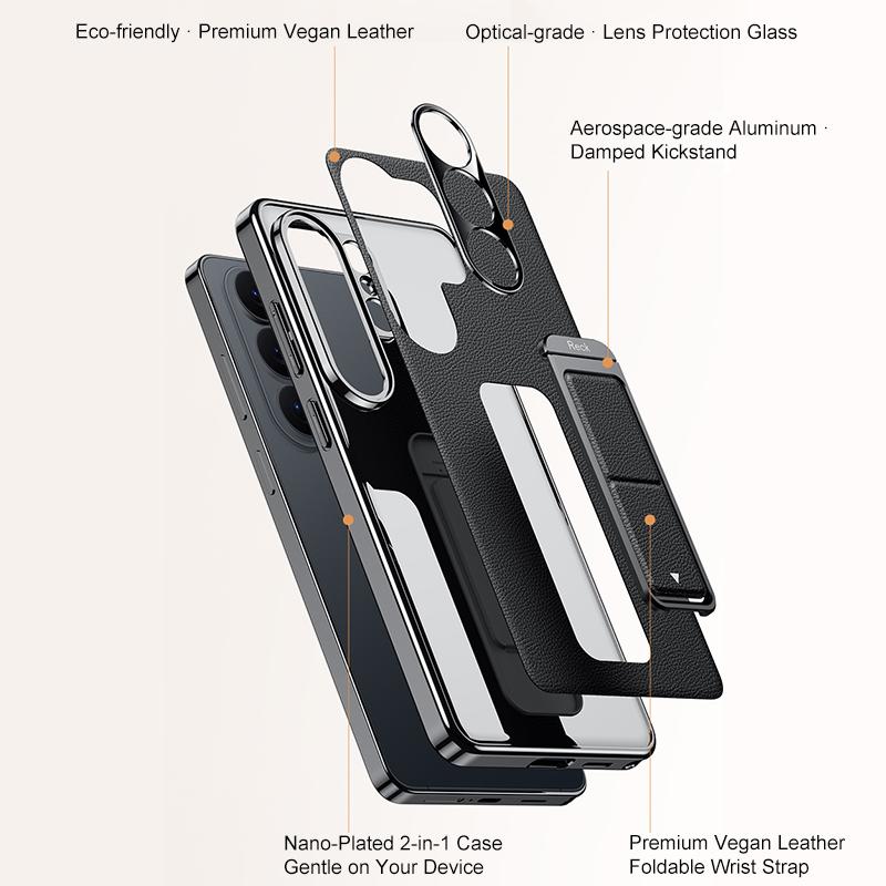 For Galaxy S25 Ultra 5G Metal Holder Foldable Wristband Precise Cutout Vegan Leather Phone Case - Titanium Gold - EDA009680903C
