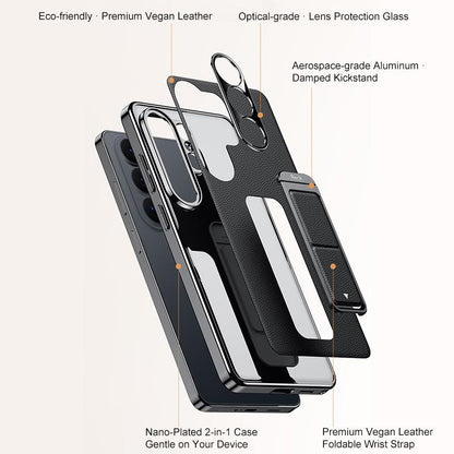 For Galaxy S24 Ultra 5G Metal Holder Foldable Wristband Precise Cutout Vegan Leather Phone Case - White - EDA009680902D