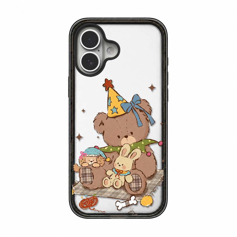 For iPhone 16 Bear Apple Transparent Acrylic TPU Phone Case - Milk Coffee Party Bear - EDA009681108B