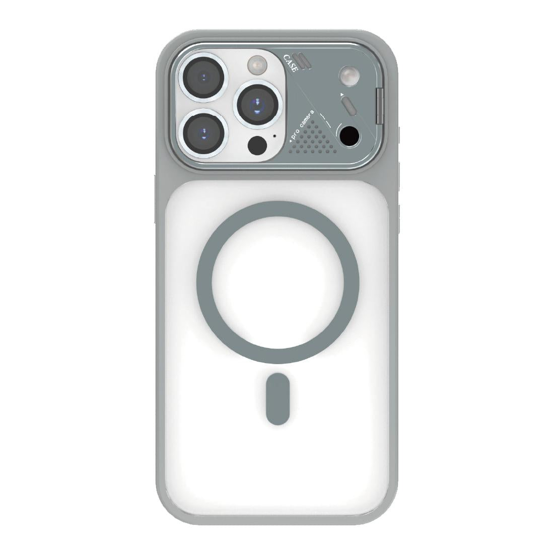 For iPhone 16 Pro Metal Lens Kickstand PC Hybrid TPU Magnetic Phone Case - Grey - EDA009682105A