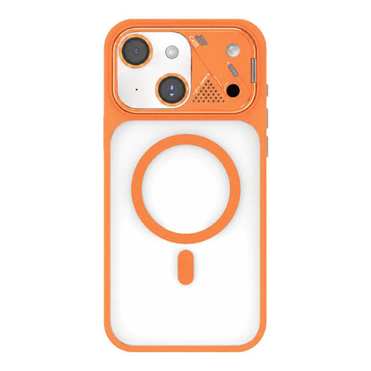 For iPhone 14 Metal Lens Kickstand PC Hybrid TPU Magnetic Phone Case - Orange - EDA009682114D