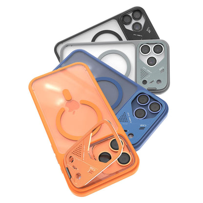 For iPhone 14 Metal Lens Kickstand PC Hybrid TPU Magnetic Phone Case - Blue - EDA009682114E