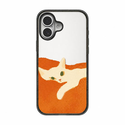 For iPhone 16 Lazy Cat Dog Acrylic TPU Phone Case - Orange Background White Cat - EDA009683908D