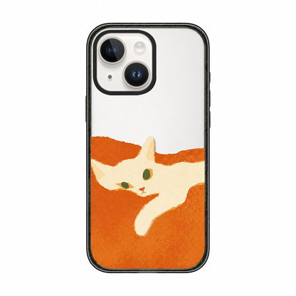 For iPhone 14 Plus Lazy Cat Dog Acrylic TPU Phone Case - Orange Background White Cat - EDA009683913D