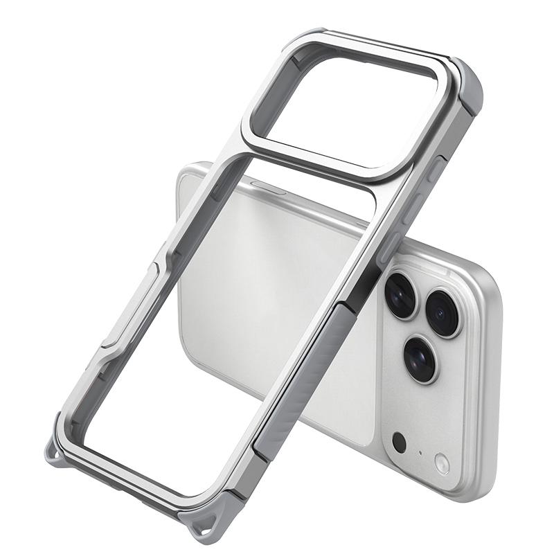 For iPhone 17 Pro Max Aluminum Alloy Frame + TPU Hollow Air Bag Shockproof Phone Case With Lanyard Holes - Silver - EDA009684301B