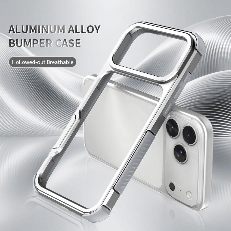 For iPhone 17 Pro Max Aluminum Alloy Frame + TPU Hollow Air Bag Shockproof Phone Case With Lanyard Holes - Silver - EDA009684301B