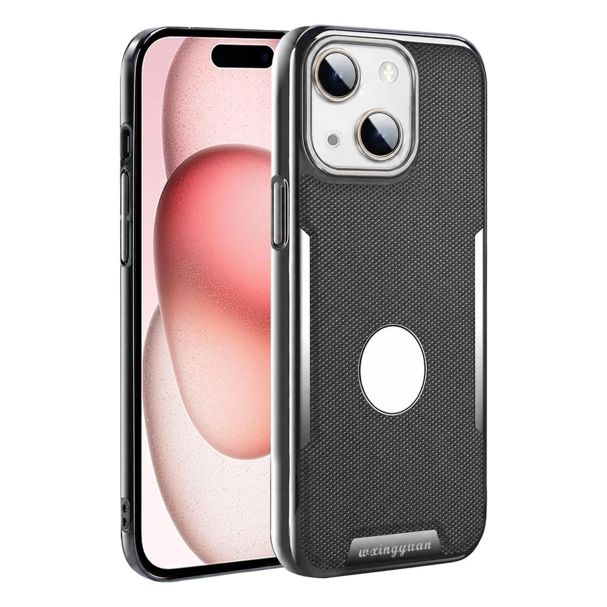 For iPhone 15 Armor Diamond Texture Anti-Fingerprint PC + Vegan Leather Phone Case - Black - EDA009686201A
