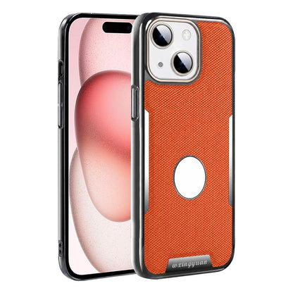 For iPhone 15 Armor Diamond Texture Anti-Fingerprint PC + Vegan Leather Phone Case - Orange - EDA009686201C