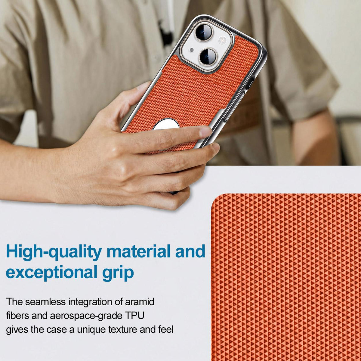 For iPhone 15 Armor Diamond Texture Anti-Fingerprint PC + Vegan Leather Phone Case - Orange - EDA009686201C