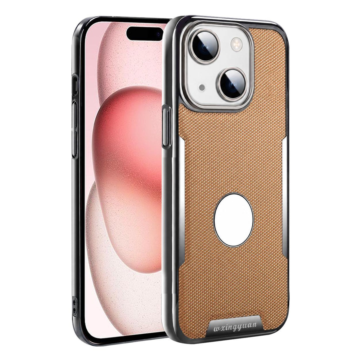 For iPhone 15 Armor Diamond Texture Anti-Fingerprint PC + Vegan Leather Phone Case - Desert Gold - EDA009686201F