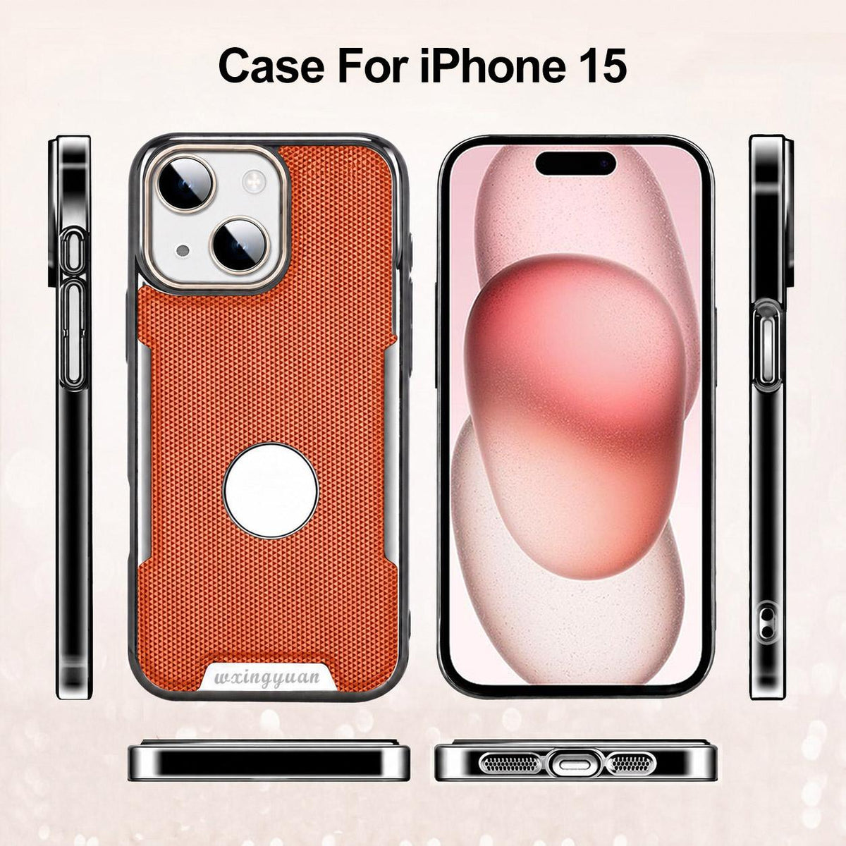 For iPhone 15 Armor Diamond Texture Anti-Fingerprint PC + Vegan Leather Phone Case - Desert Gold - EDA009686201F