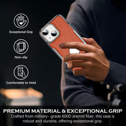 For iPhone 15 Armor Diamond Texture Anti-Fingerprint PC + Vegan Leather Phone Case - Desert Gold - EDA009686201F