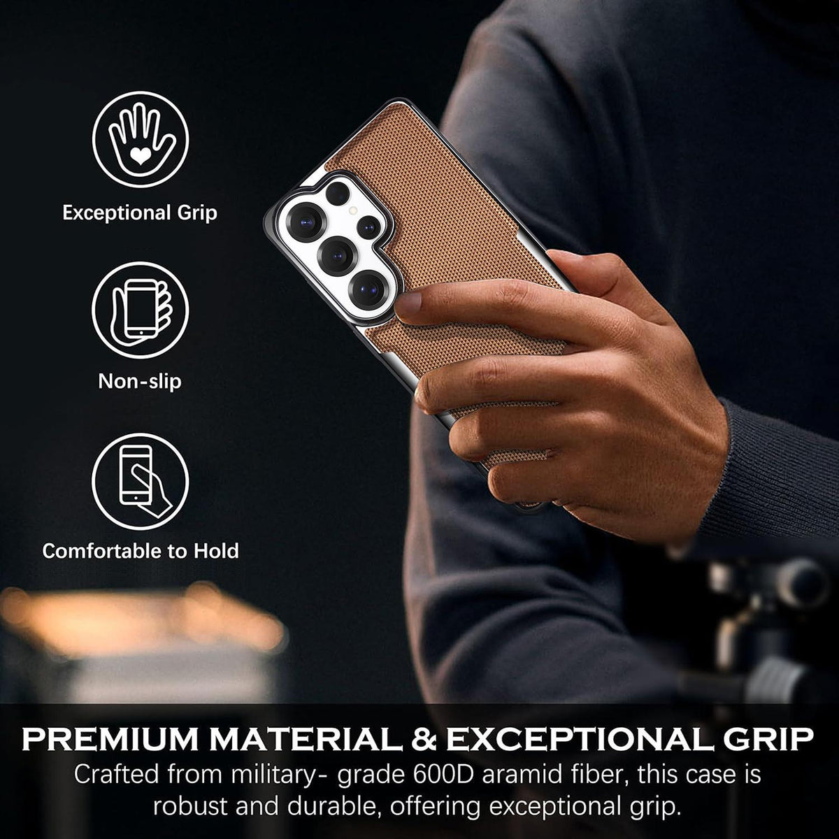 For Galaxy S25 Ultra 5G Armor Diamond Texture Anti-Fingerprint PC + Vegan Leather Phone Case - Black - EDA009686303A