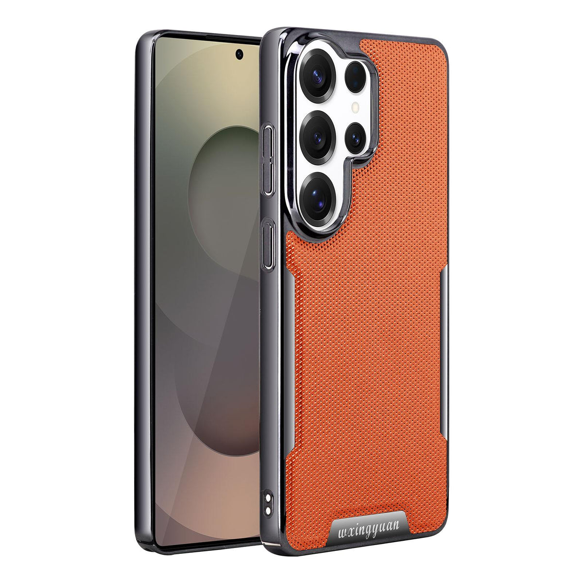 For Galaxy S25 Ultra 5G Armor Diamond Texture Anti-Fingerprint PC + Vegan Leather Phone Case - Orange - EDA009686303C
