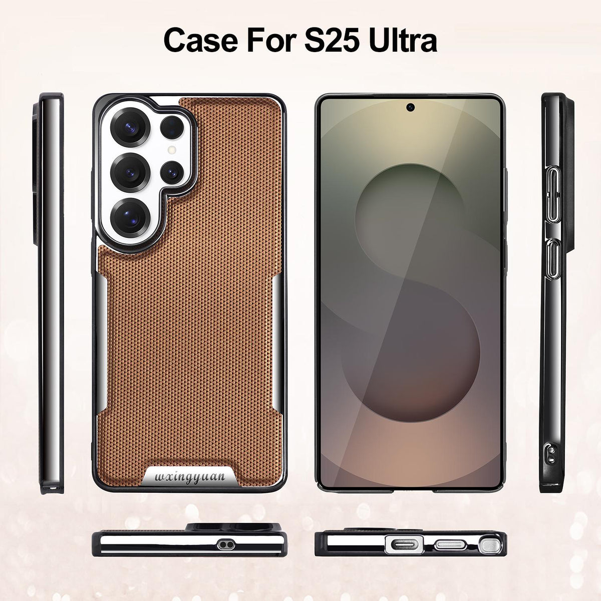 For Galaxy S25 Ultra 5G Armor Diamond Texture Anti-Fingerprint PC + Vegan Leather Phone Case - Desert Gold - EDA009686303F