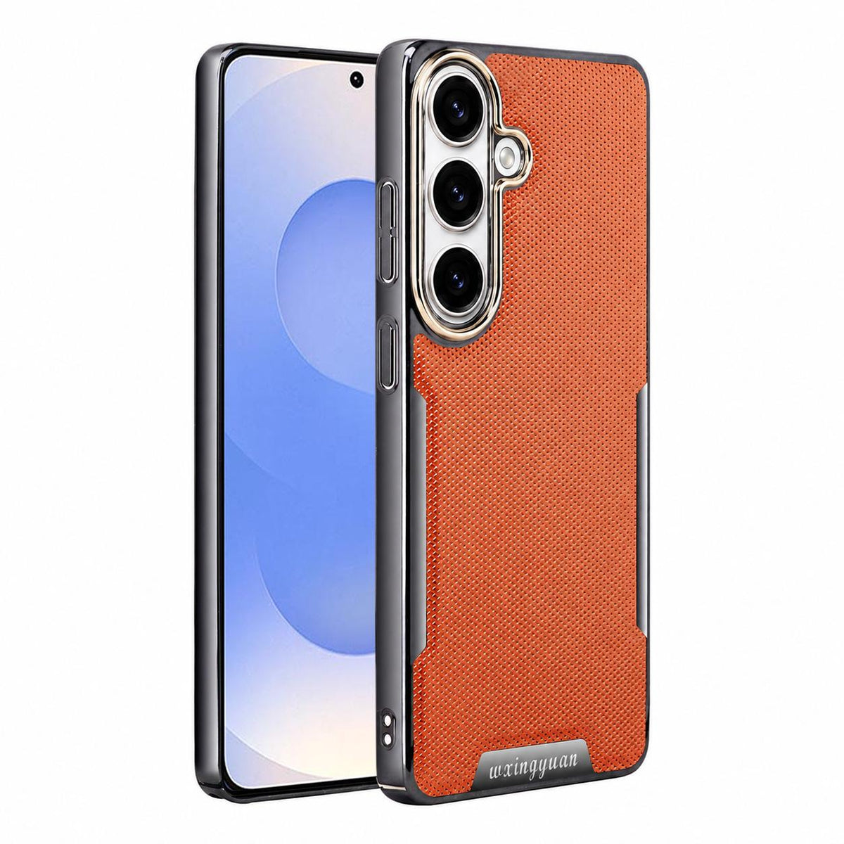 For Galaxy S25 5G Armor Diamond Texture Anti-Fingerprint PC + Vegan Leather Phone Case - Orange - EDA009686304C