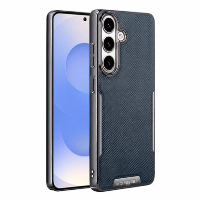 For Galaxy S25 5G Armor Diamond Texture Anti-Fingerprint PC + Vegan Leather Phone Case - Blue - EDA009686304E
