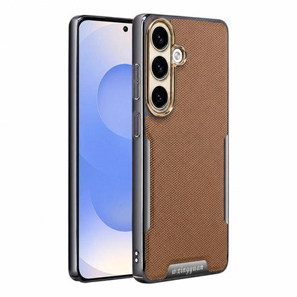 For Galaxy S25 5G Armor Diamond Texture Anti-Fingerprint PC + Vegan Leather Phone Case - Desert Gold - EDA009686304F