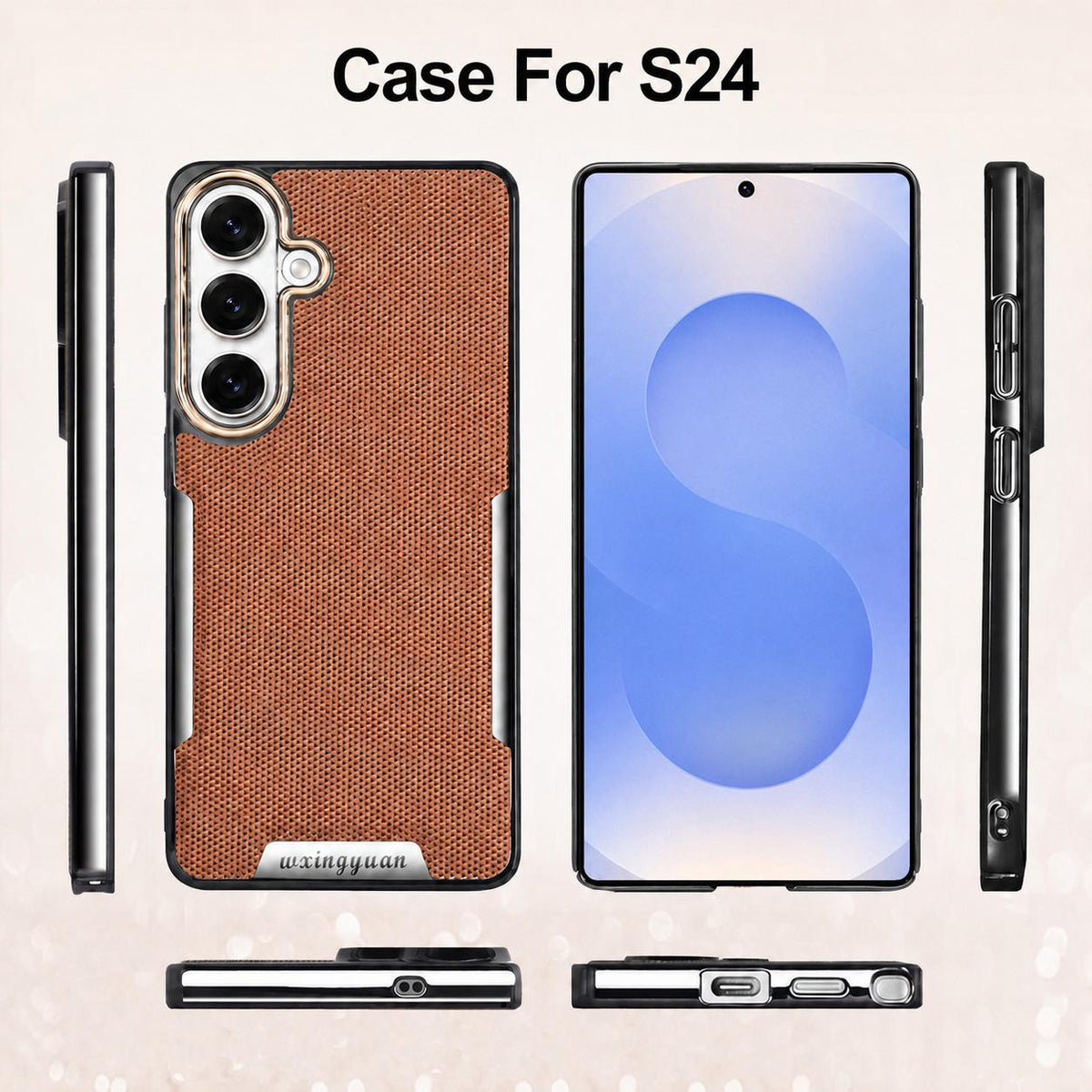 For Galaxy S25 5G Armor Diamond Texture Anti-Fingerprint PC + Vegan Leather Phone Case - Desert Gold - EDA009686304F