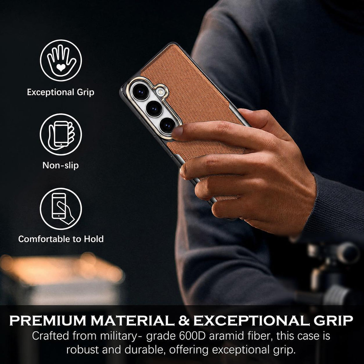 For Galaxy S25 5G Armor Diamond Texture Anti-Fingerprint PC + Vegan Leather Phone Case - Desert Gold - EDA009686304F