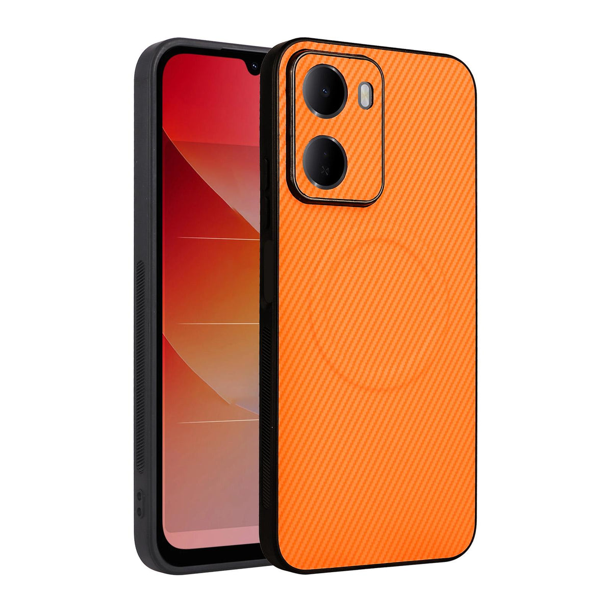 For Redmi 15a 5G / R70 5G / R70m 5G Precise Cutout Carbon Fiber Texture Vegan Leather Phone Case - Orange - EDA009686901A