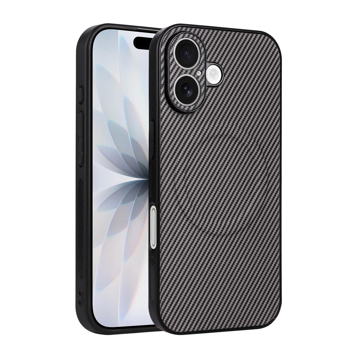 For iPhone 16 Plus Precise Cutout Carbon Fiber Texture Vegan Leather Phone Case - Grey - EDA009687001C