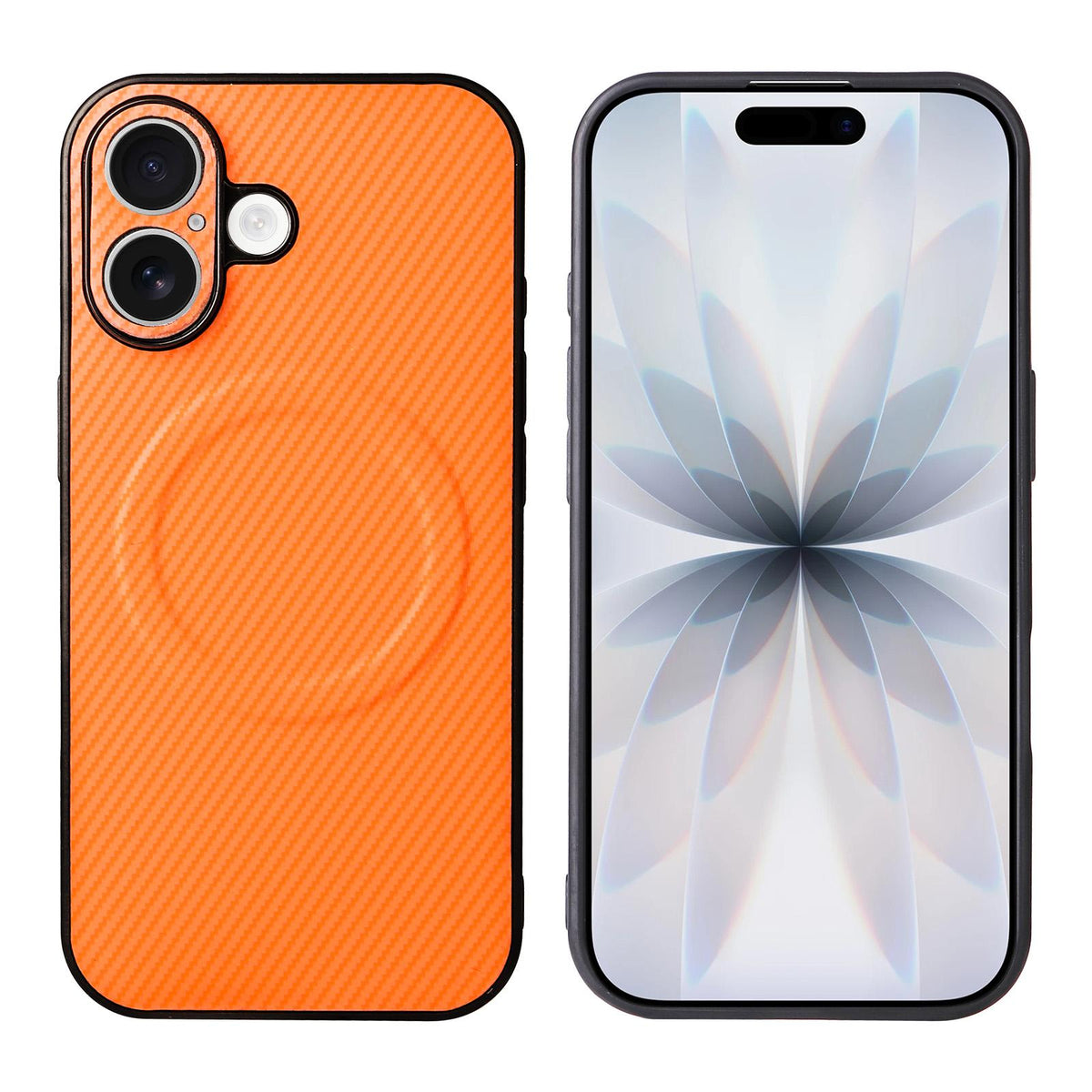 For iPhone 16 Precise Cutout Carbon Fiber Texture Vegan Leather Phone Case - Orange - EDA009687004A