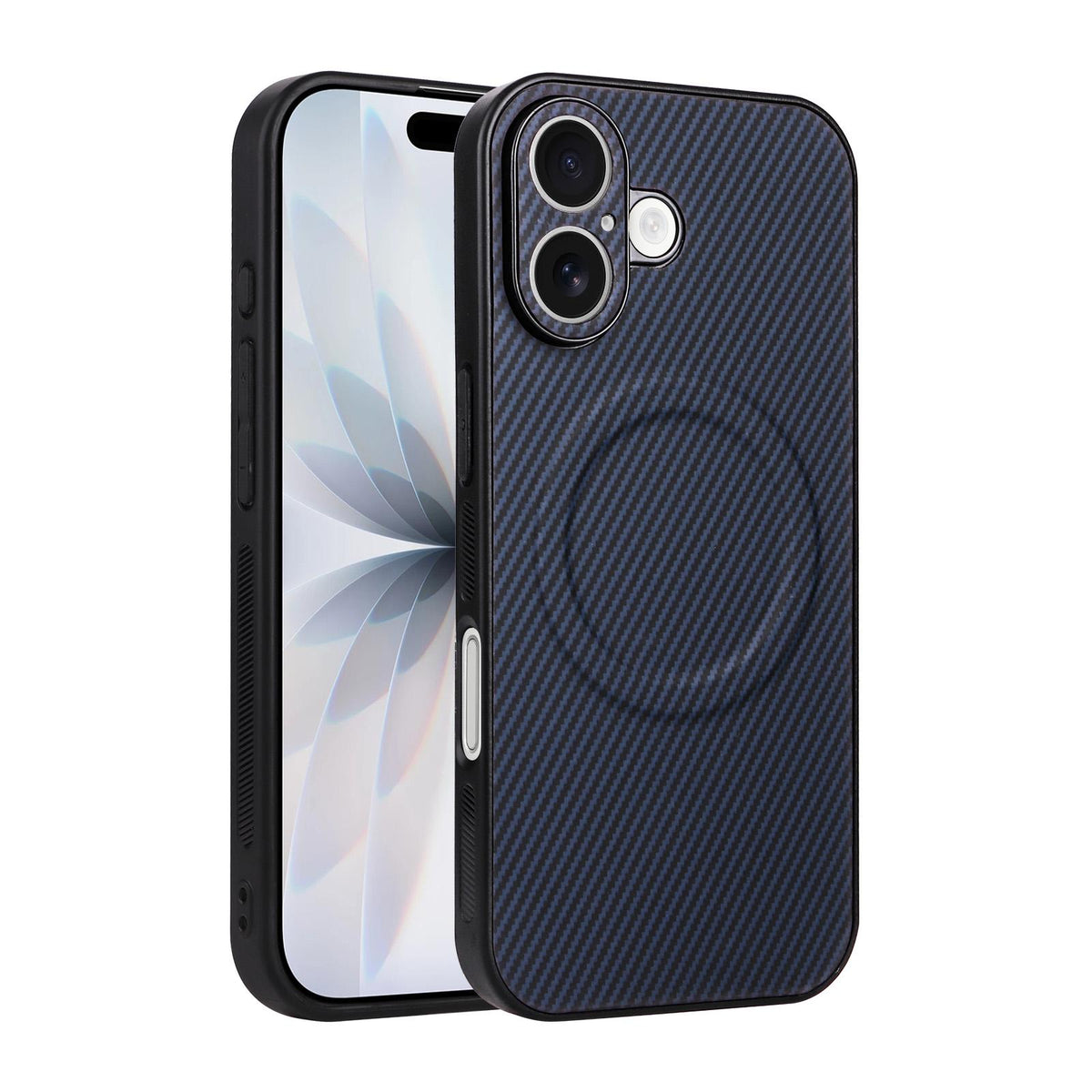 For iPhone 16 Precise Cutout Carbon Fiber Texture Vegan Leather Phone Case - Blue - EDA009687004D