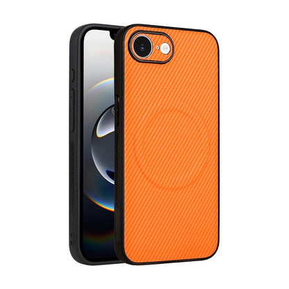 For iPhone 17e / 16e Precise Cutout Carbon Fiber Texture Vegan Leather Phone Case - Orange - EDA009687005A