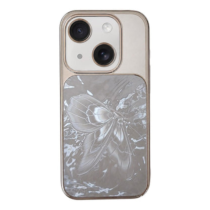 For iPhone 15 Butterfly Pattern Electroplated PC + Glass Phone Case - Gray - EDA009687203A