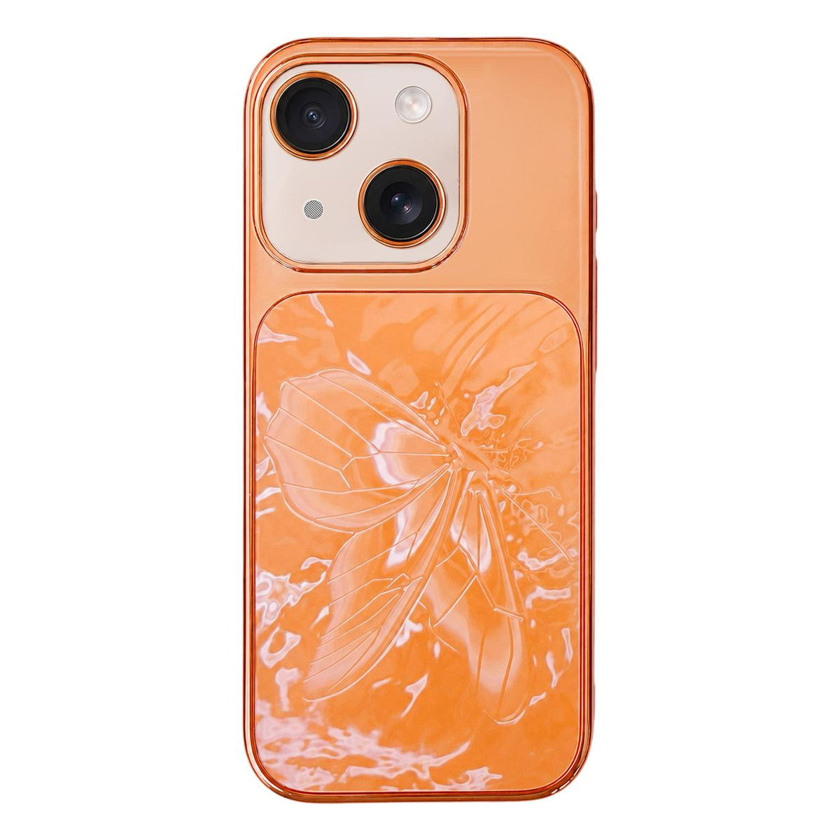 For iPhone 15 Butterfly Pattern Electroplated PC + Glass Phone Case - Orange - EDA009687203C