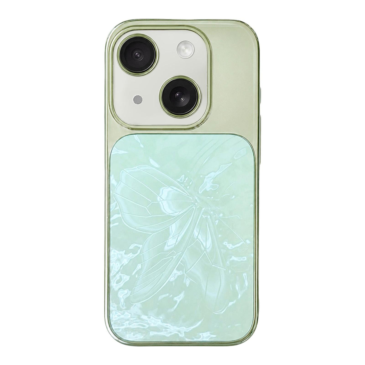 For iPhone 15 Butterfly Pattern Electroplated PC + Glass Phone Case - Green - EDA009687203D