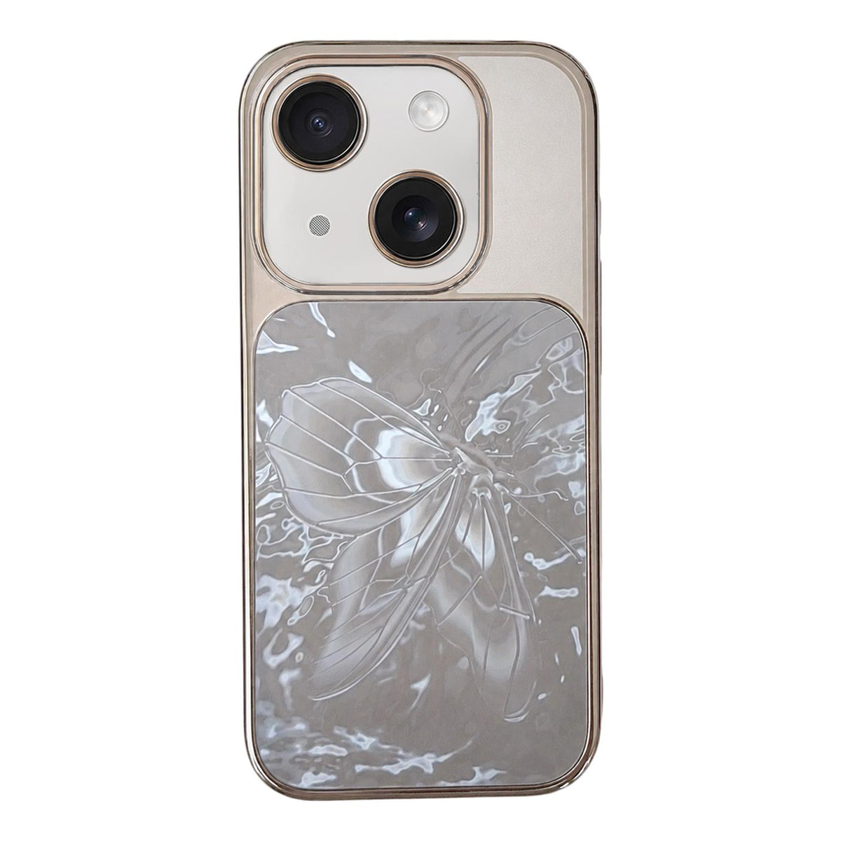 For iPhone 14 Butterfly Pattern Electroplated PC + Glass Phone Case - Gray - EDA009687204A