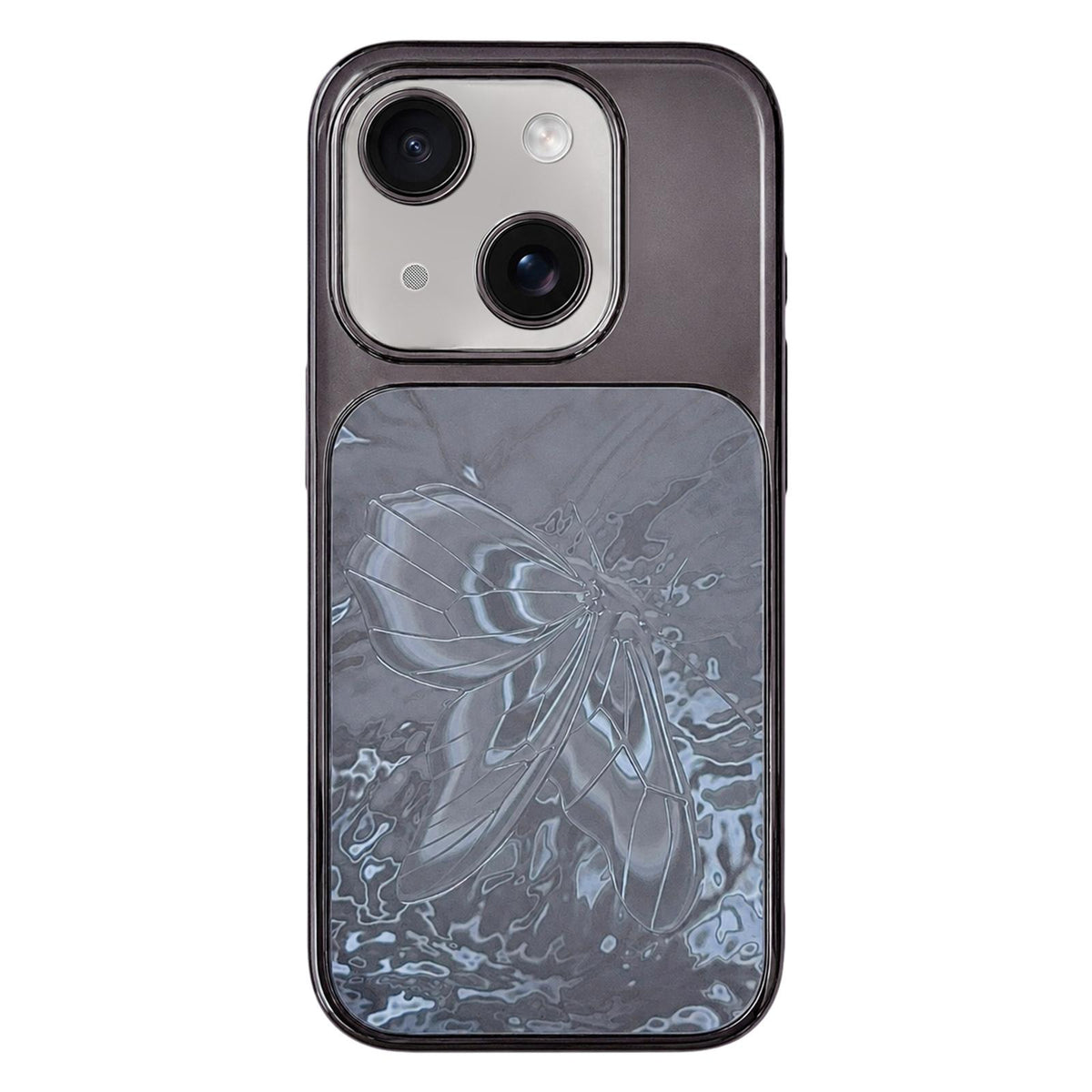 For iPhone 14 Butterfly Pattern Electroplated PC + Glass Phone Case - Black - EDA009687204B