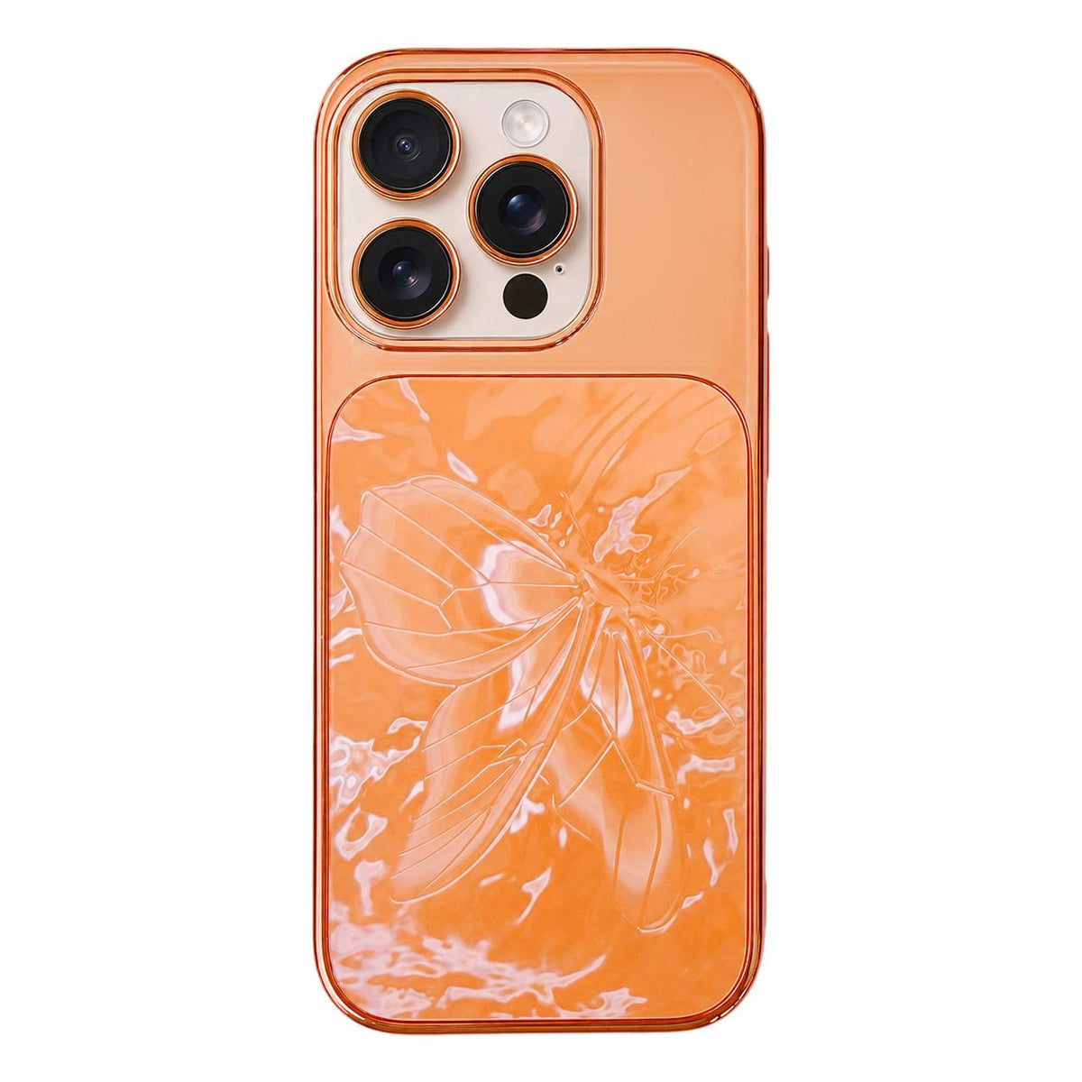 For iPhone 14 Pro Max Butterfly Pattern Electroplated PC + Glass Phone Case - Orange - EDA009687206C