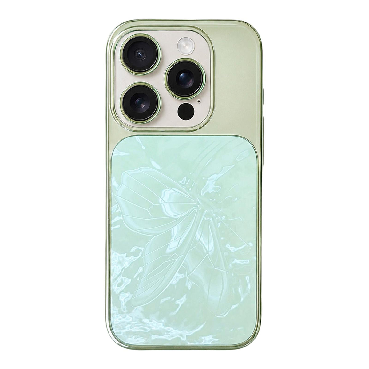 For iPhone 14 Pro Max Butterfly Pattern Electroplated PC + Glass Phone Case - Green - EDA009687206D