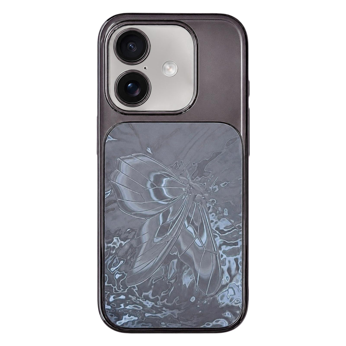 For iPhone 16 Butterfly Pattern Electroplated PC + Glass Phone Case - Black - EDA009687211B