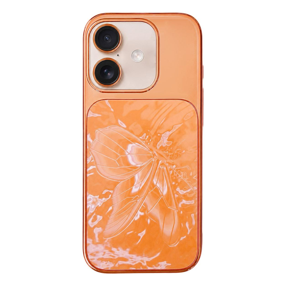 For iPhone 17 Butterfly Pattern Electroplated PC + Glass Phone Case - Orange - EDA009687215C