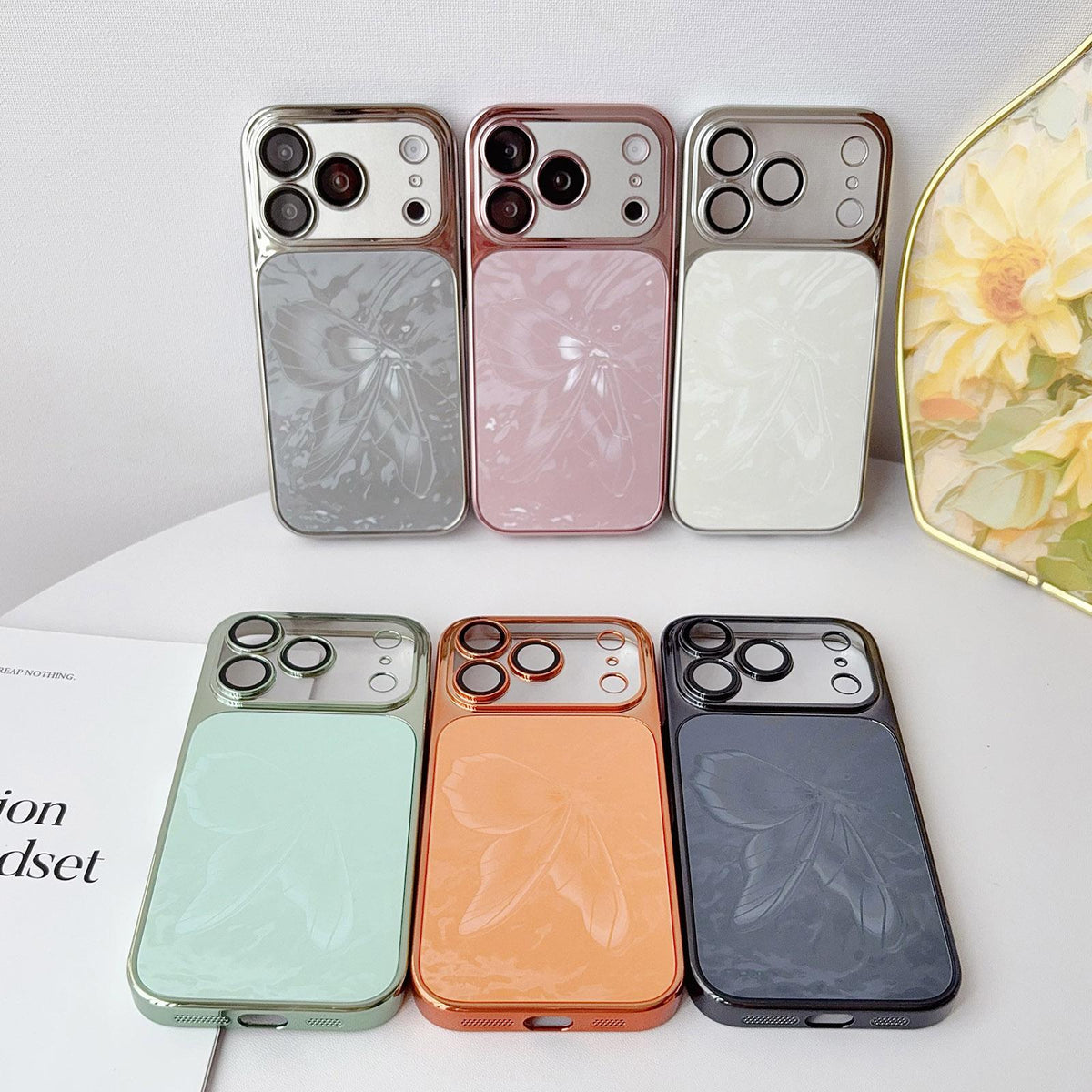 For iPhone 13 Butterfly Pattern Electroplated PC + Glass Phone Case - Green - EDA009687209D