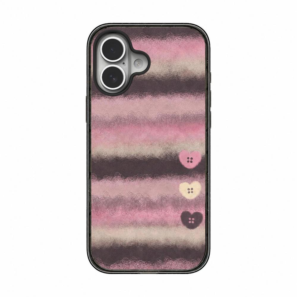 For iPhone 16 Felt Checkered Floral Acrylic TPU Phone Case - Pink Brown Striped Heart - EDA009687408B
