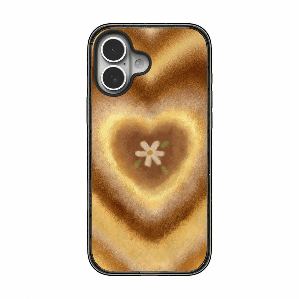 For iPhone 16 Felt Checkered Floral Acrylic TPU Phone Case - Caramel Brown Heart - EDA009687408C